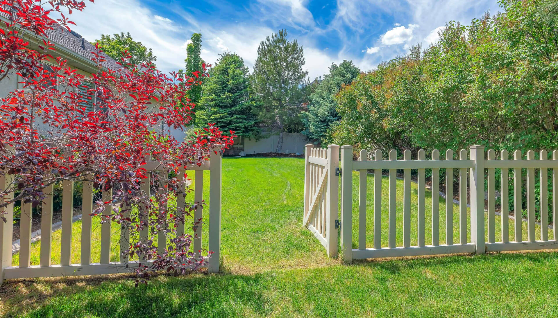A functional fence gate providing access to a well-maintained backyard, surrounded by a wooden fence in Beaumont